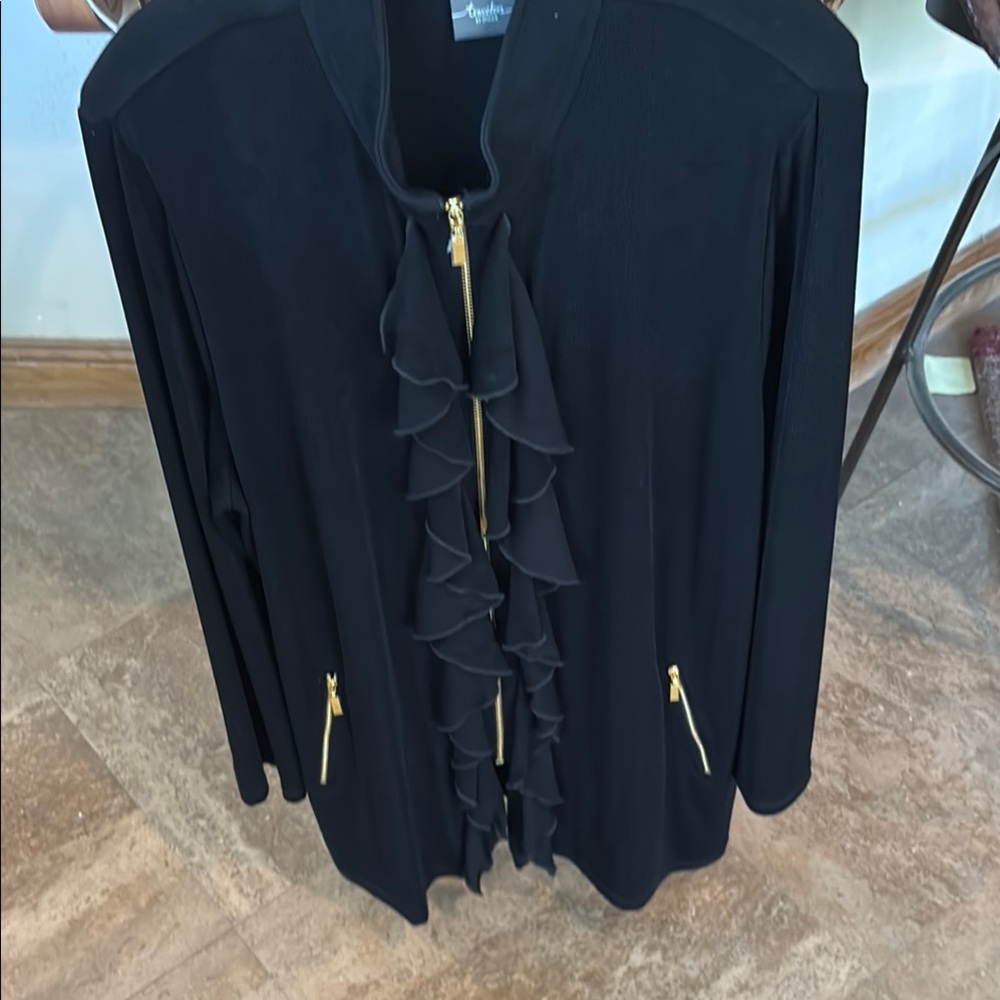 Chico's Black Ruffled Zip-Front Jacket with Gold Zippers